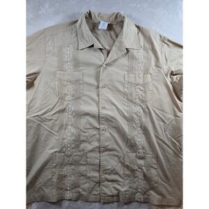 King Size Shirt Mens 2XL Big Beige Short Sleeve Embroidered Camp Guayabera